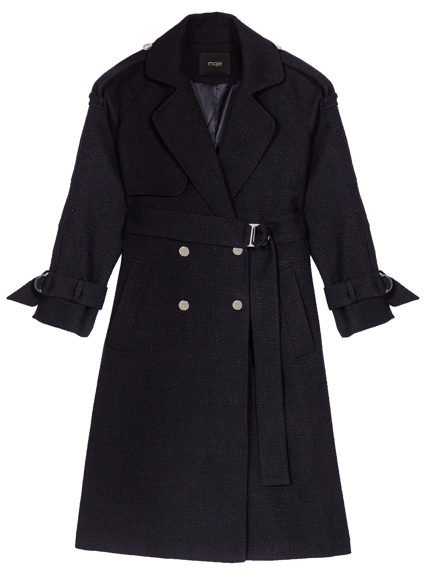 MAJE  Trench ample col tailleur en tweed - Noir