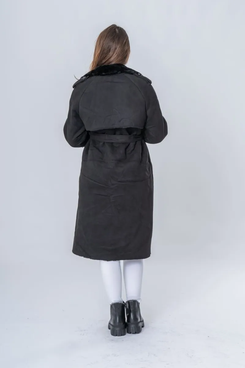 Manteau style trench col fausse fourrure noir