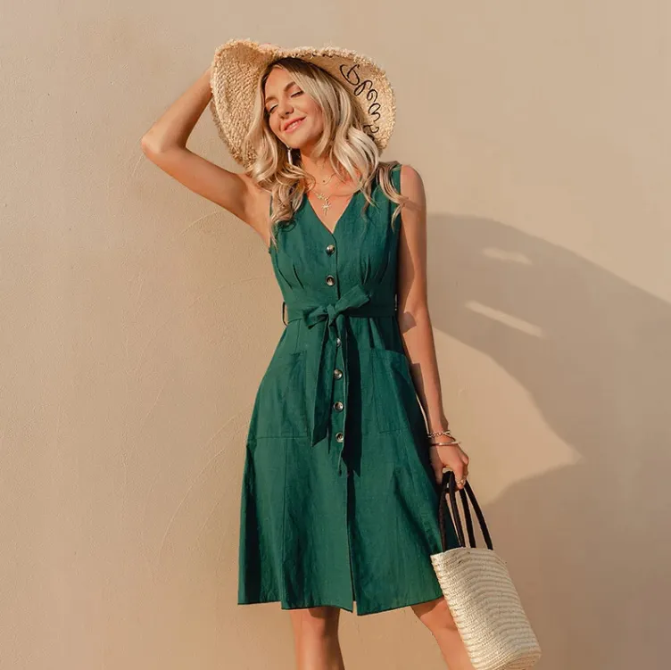 Robe Chemise Verte Bohème Mi-Longue - Shine Boutique