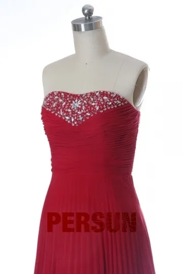 Robe longue plissée bordeaux pour cortège mariage bustier bijouté en mousseline