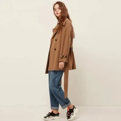 Trench ceinturé à double boutonnage pour femme col en pointe Longueur moyenne - marron foncé