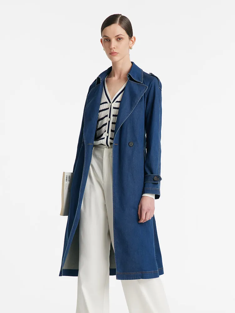 Trench-coat en denim à revers pour femme avec ceinture